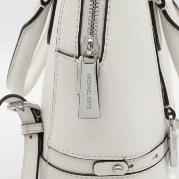 $298 MK Michael Kors Rhea Zip Optic White Perforated MK Circle Logo Backpack